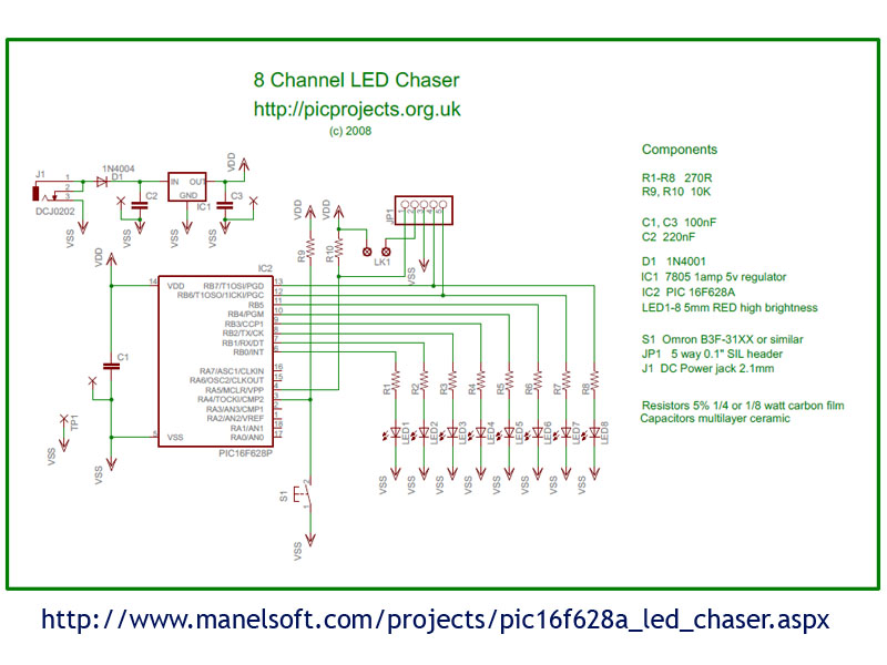 PIC16F628A LED Chaser Schematic