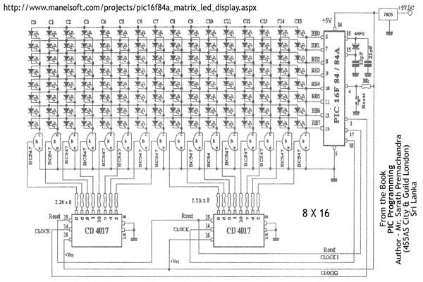 PIC16F84A Matrix LED Display Schematic