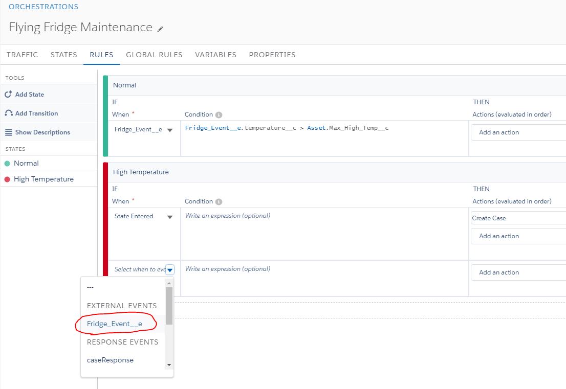 Salesforce IoT Explorer edition orchestration add event to rule